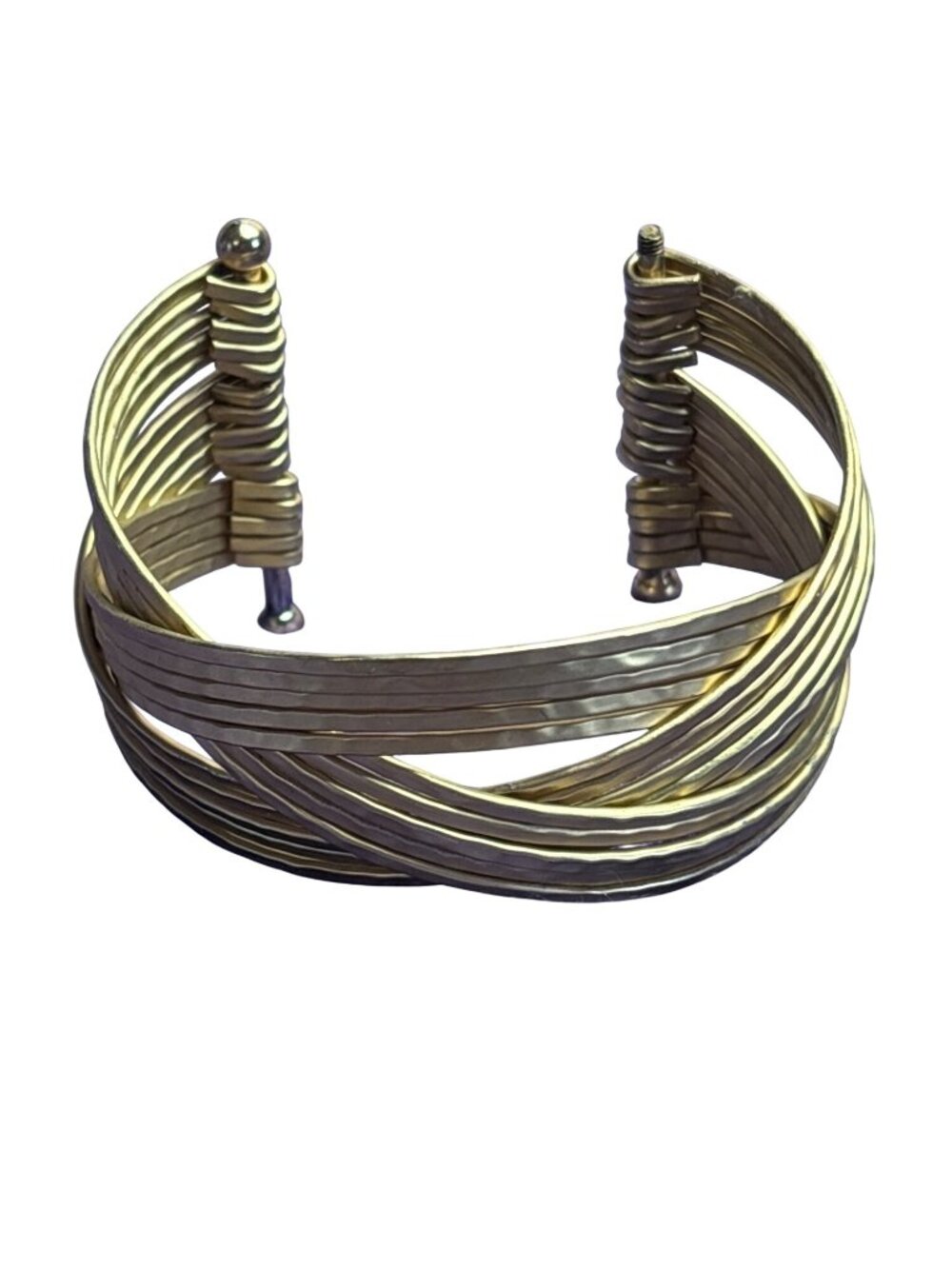 Hammered Goldtone Woven Cuff Bracelet 7.25 inches Flawed Missing a Screw on Cap